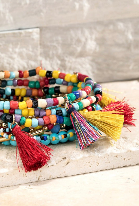 Tassel beaded stretch bracelet