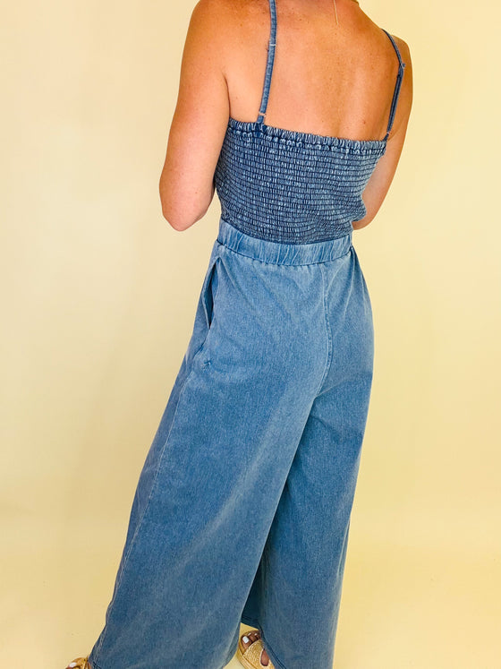 Denim crush smocked romper