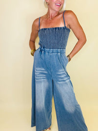 Denim crush smocked romper