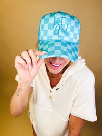 But God trucker Hat/ turquoise checkered