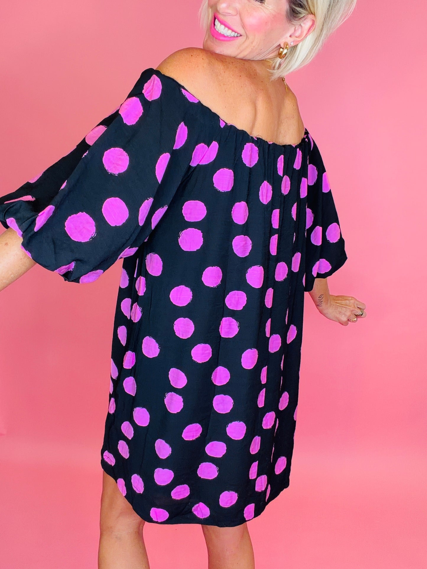 pink polka dot off the shoulder dress Off The Shoulder Draped Asymmetric Mini Dress In Baby Pink Polka Dot Slinky | EGO US