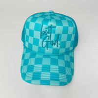But God trucker Hat/ turquoise checkered