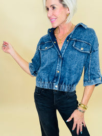 Refined denim bomber top