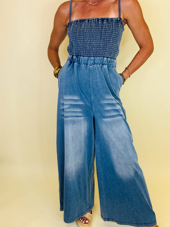 Denim crush smocked romper