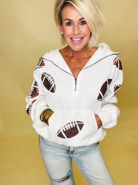 First down sequin football sweatshirt