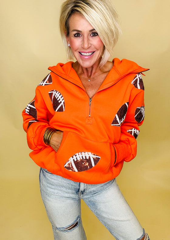 First down sequin football sweatshirt