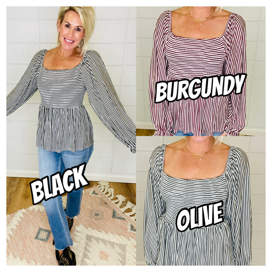 SMITTEN FOR YOU STRIPE TOP/ AVAILABLE IN 3 COLORS